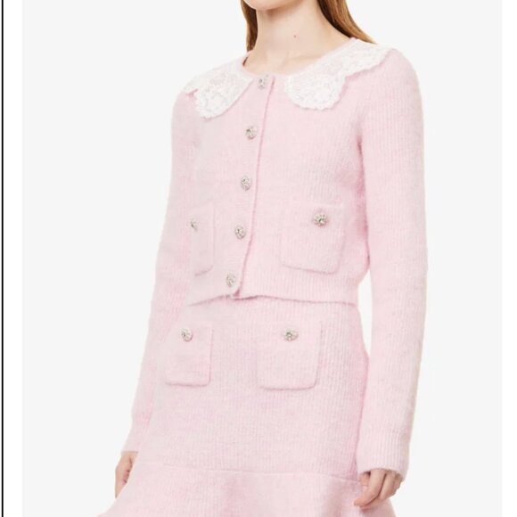 HOUSE OF HARLOW 1960 PINK EMBROIDERED BEADED BUTTON KNIT PREPPY CARDIGAN - Picture 1 of 10